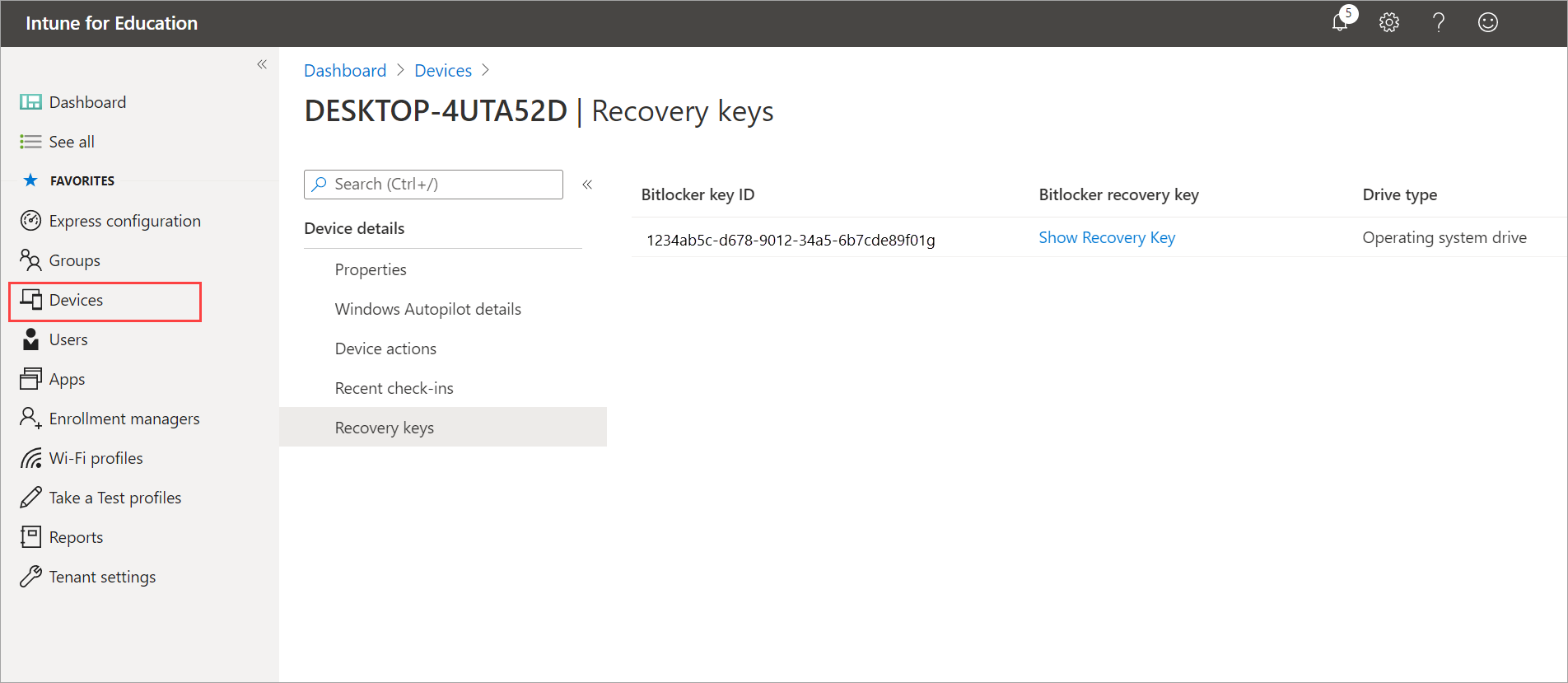Screenshot highlighting the Devices > Device details > Recovery keys table, which shows one recovery key for an example device.