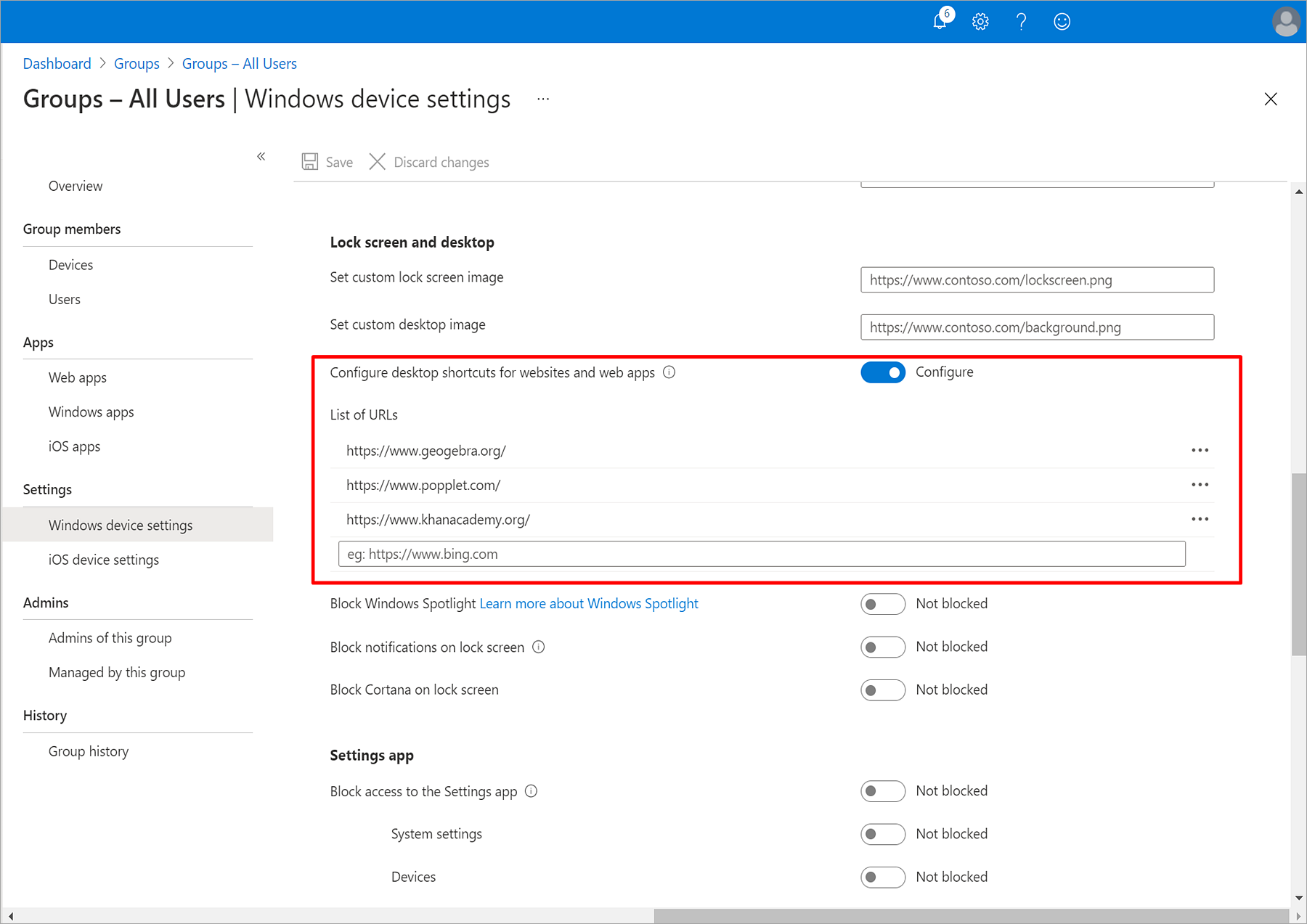 Screenshot of the Intune for Education Groups - All Users > Windows device settings page, highlighting a new setting Configure desktop shortcuts for websites and web apps and a list of URLs.