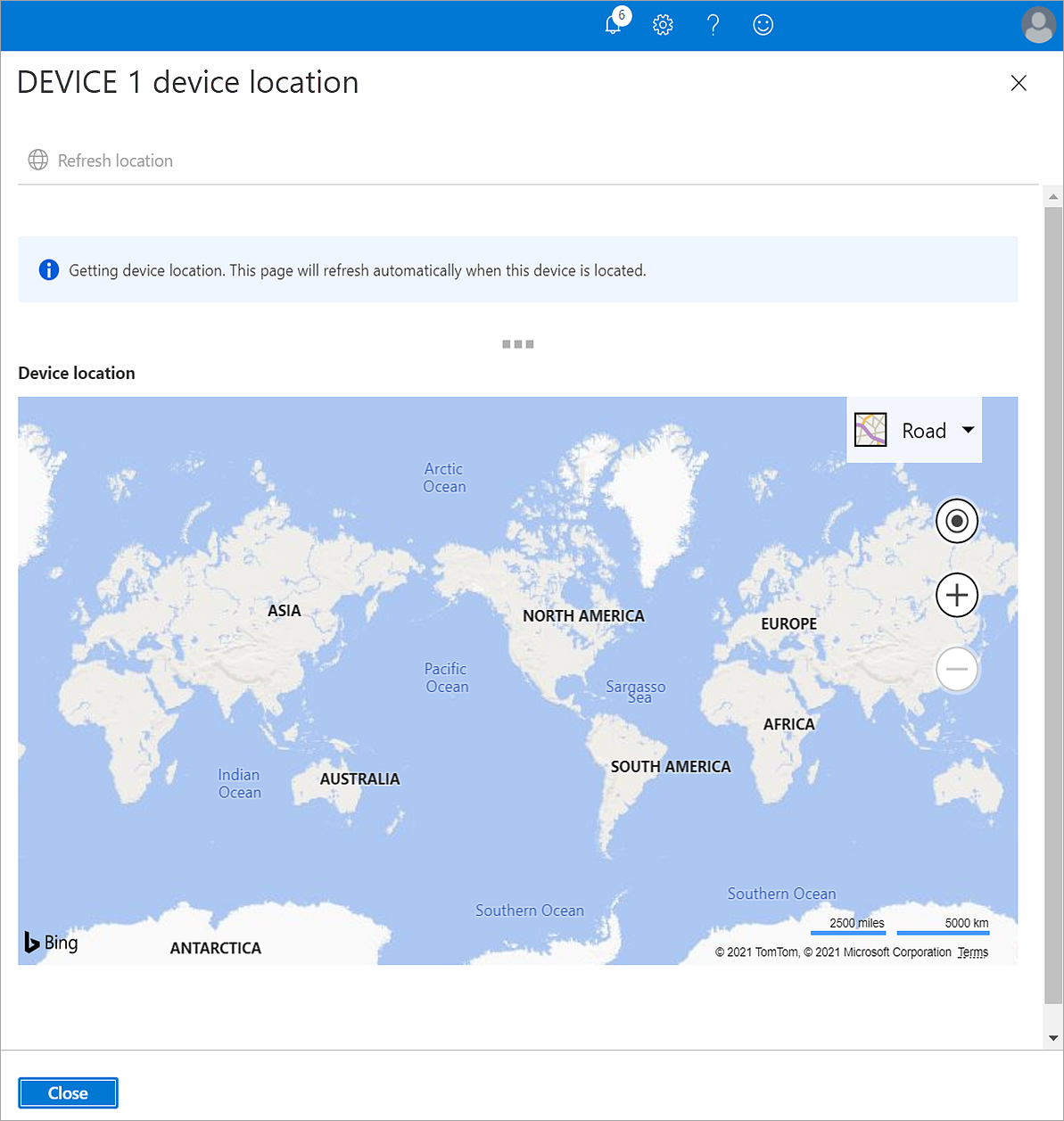 Screenshot of the device location map that opens in Intune for Education when you use the new Locate action.