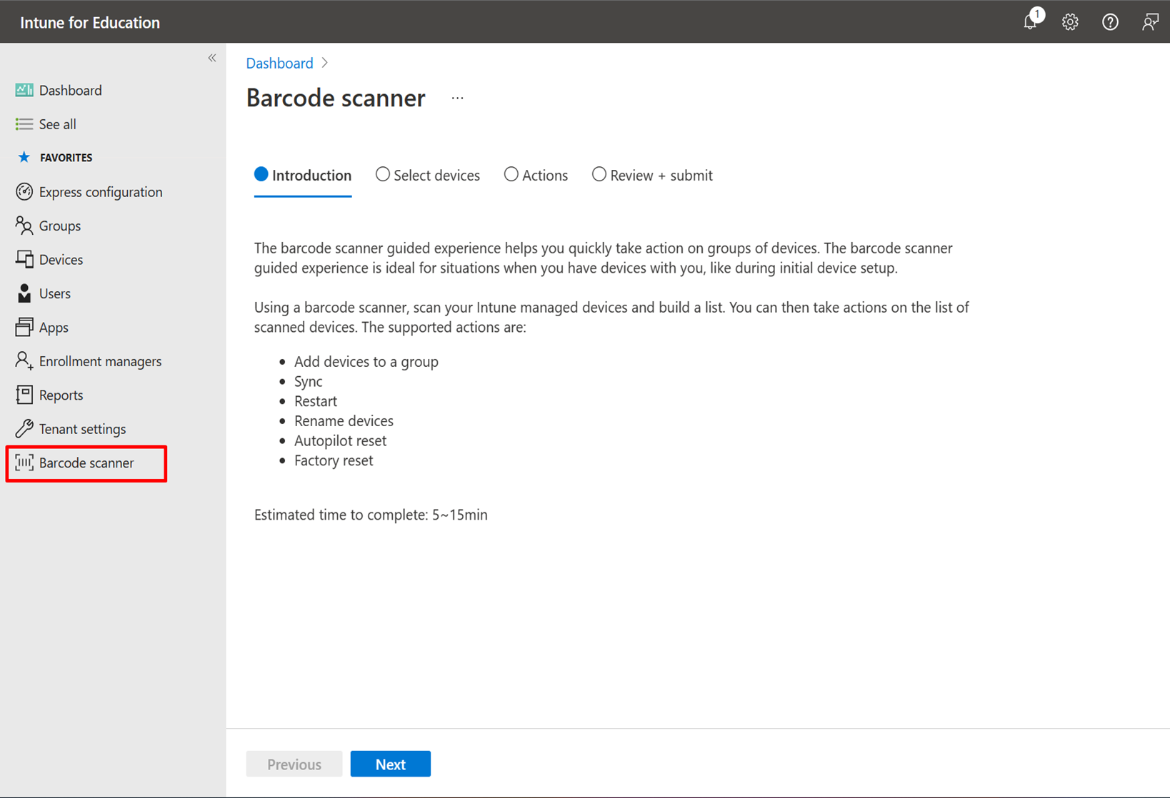 Example image highlighting the "Barcode scanner" menu option and the Barcode scanner introducation page.