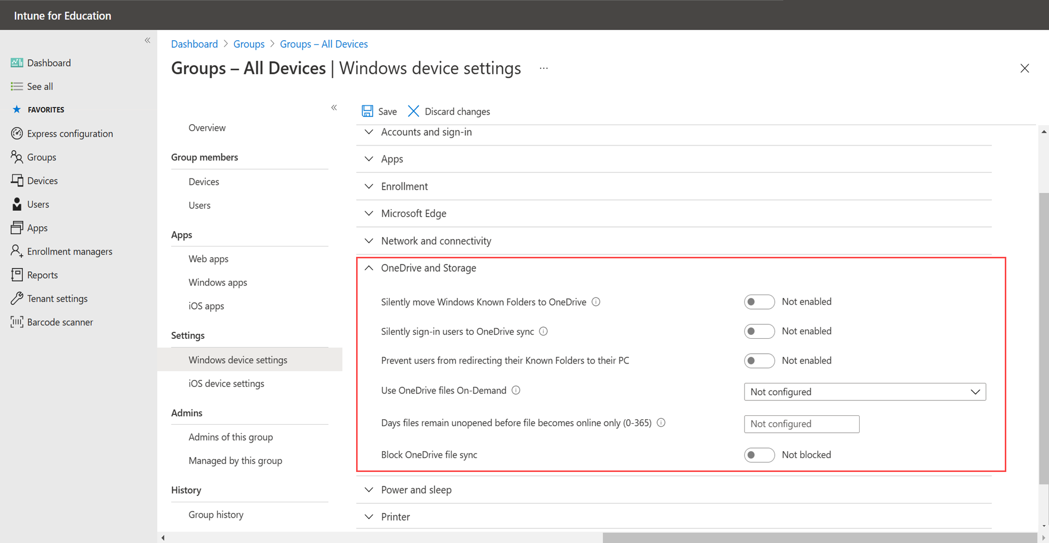 Example image highlighting the new OneDrive & storage category in Widows device settings.