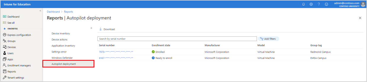 The Windows Autopilot report, showing a list of devices under Intune for Education management.