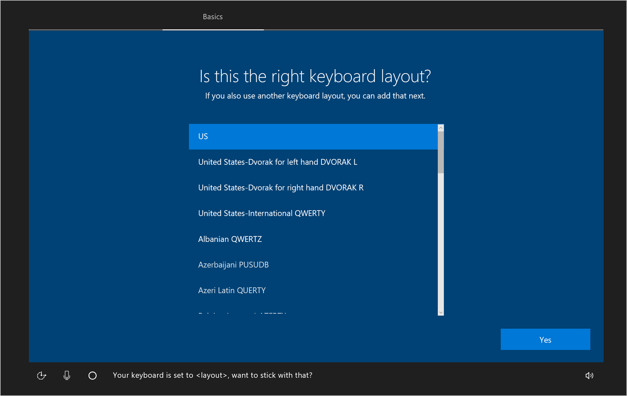 Example screenshot of the keyboard layout screen, with US highlighted as the selected layout.