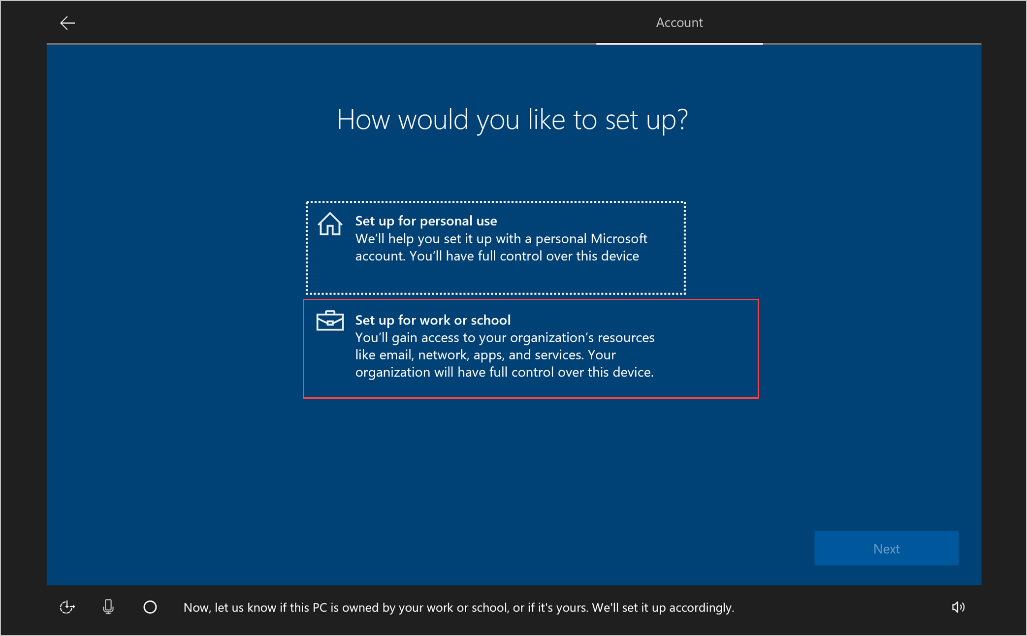 Example screenshot of the How would you like to set up? screen, highlighting the option to Set up for work or school.