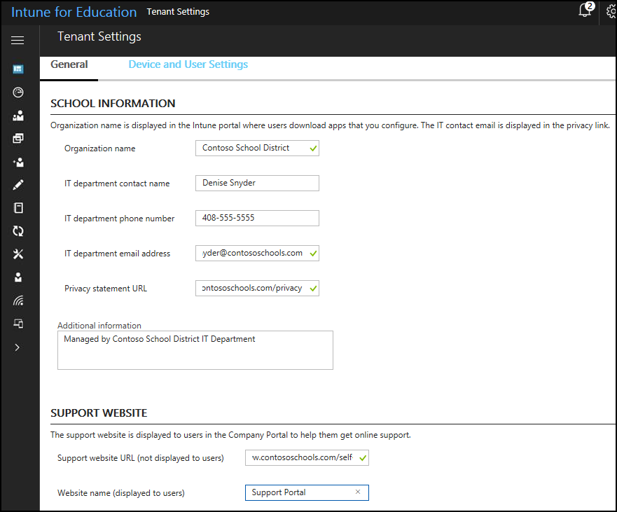 Screenshot of the "Tenant Settings" option in Intune for Education console showing school, support website, and other information. 