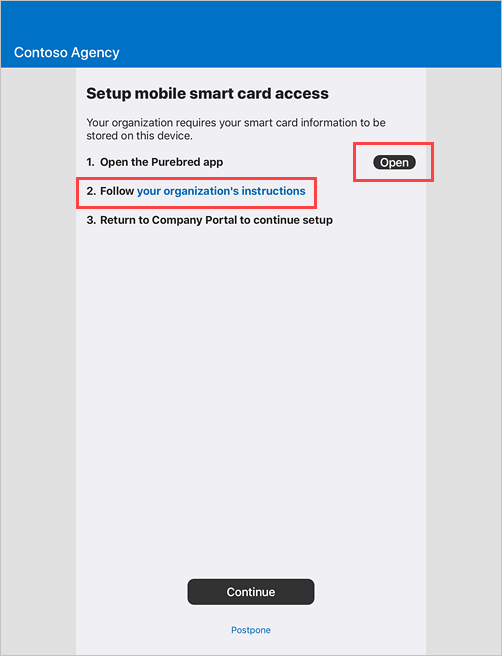 Example screenshot of the Company Portal Set up mobile smart card access screen.