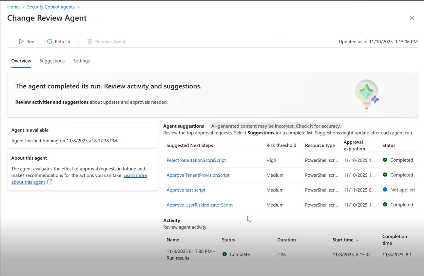 Screenshot of the overview pane of the Change Review Agent.