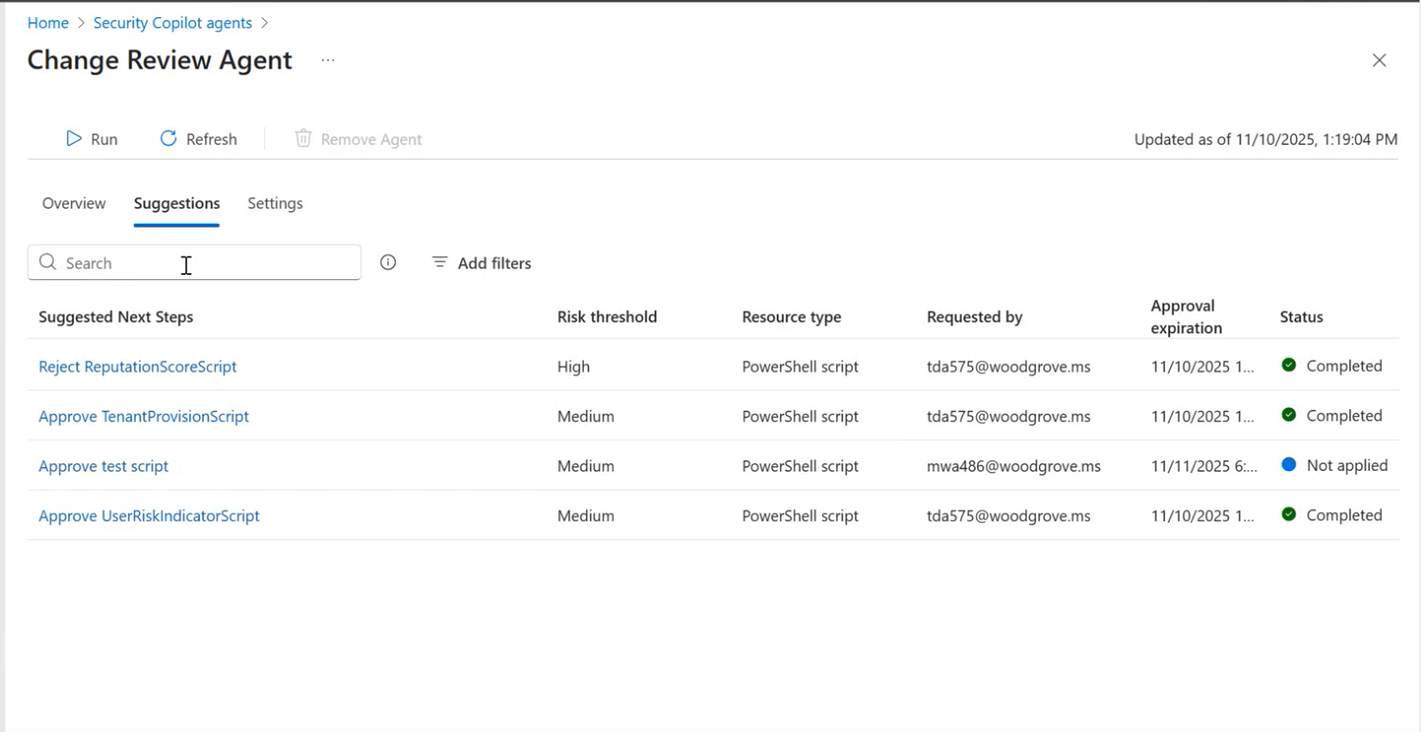 Screenshot of the suggestions tab of the Change Review Agent.