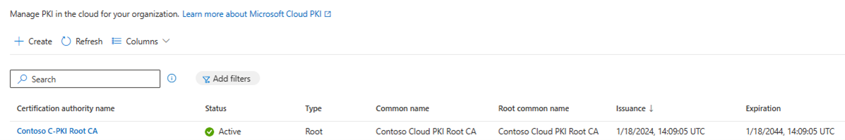 Microsoft Cloud PKI list with new root CA displayed.