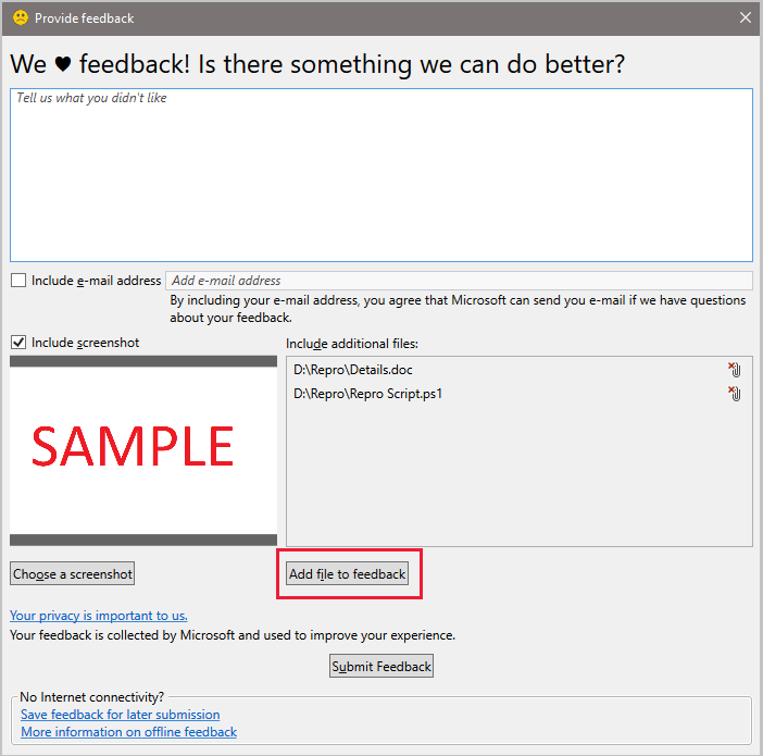 Include diagnostic files when you send a frown