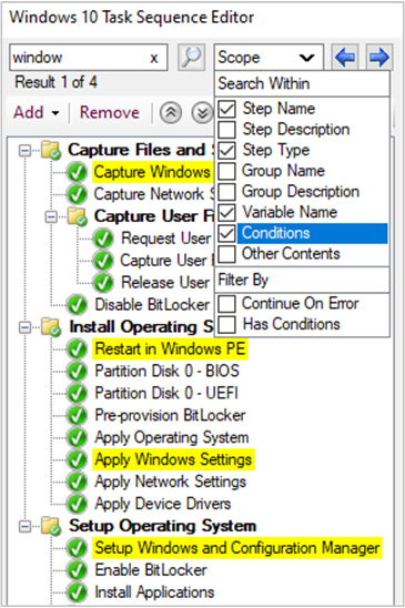 Improvements to searching the task sequence editor