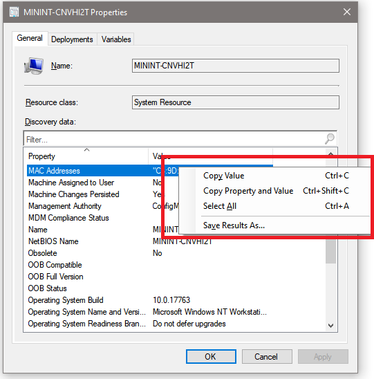 Screenshot of device properties to copy discovery data