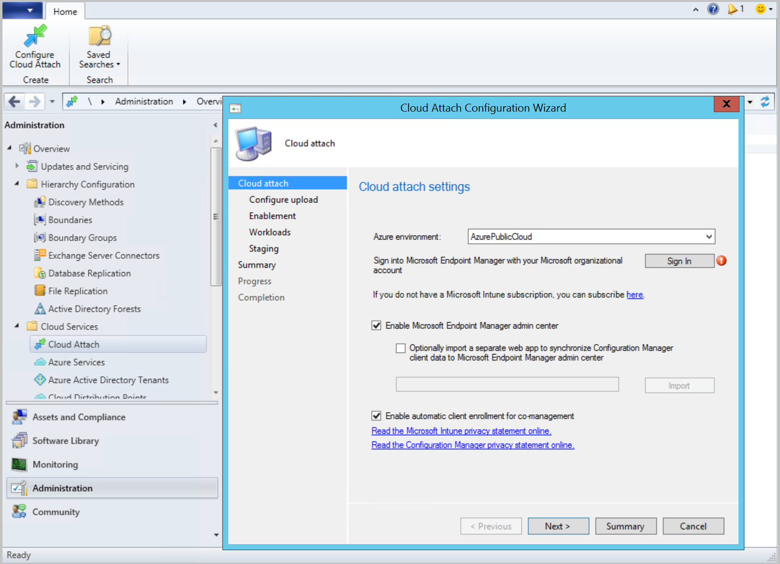 Screenshot showing the Cloud Attach node, the Configure Cloud attach ribbon button, and the Cloud Attach Configuration Wizard.