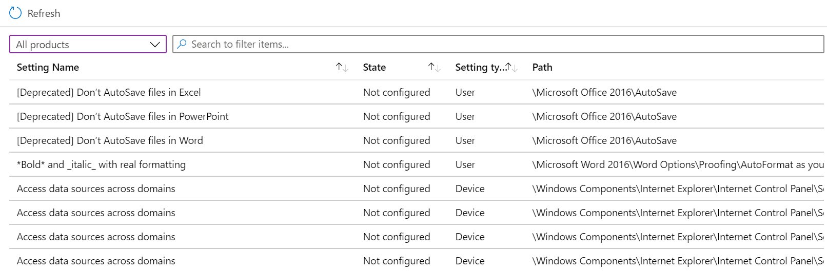 See a sample list of settings and use previous and next buttons in Intune admin center and Microsoft Intune.