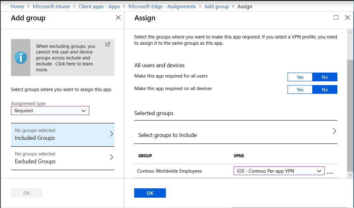 Two screenshots that show assigning an app to the per-app VPN profile in Microsoft Intune and Intune admin center.