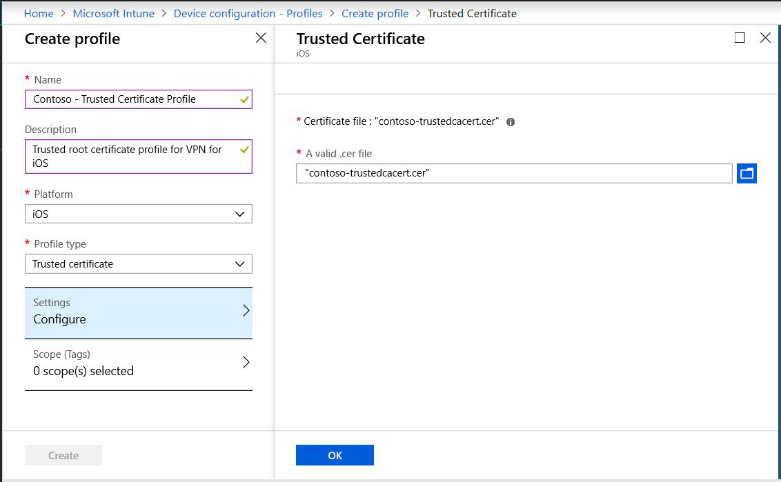 Create a trusted certificate profile for iOS/iPadOS devices in Microsoft Intune and Intune admin center.