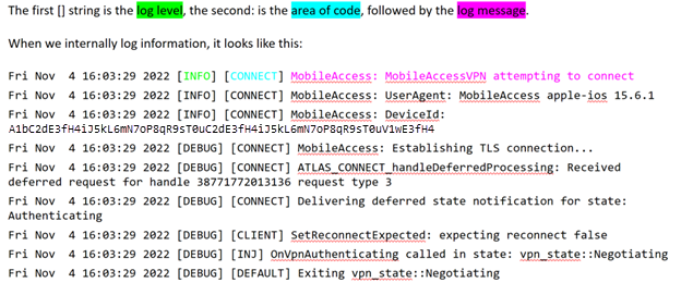 Screenshot that shows a sample Microsoft Tunnel log output in Xcode on a macOS device.