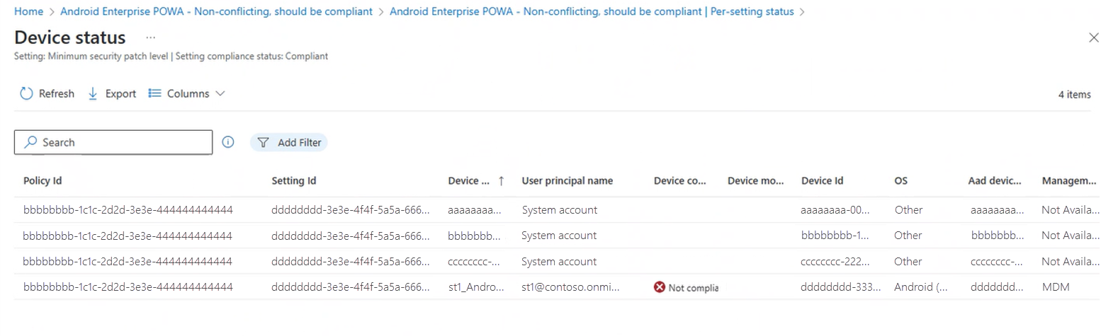 Screen shot that displays the results of drilling into a per-setting status result to view details for devices that have reported that status.