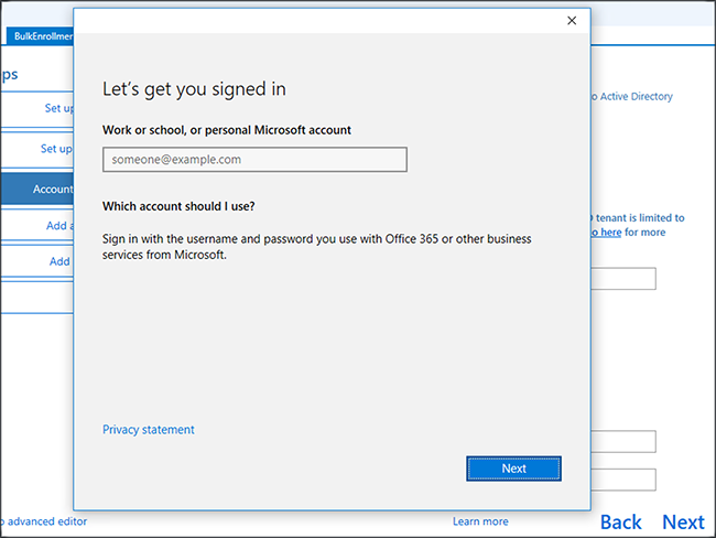Screenshot of signing in to the Windows Configuration Designer app