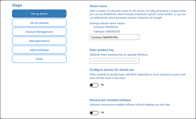Screenshot of specifying name and product key in the Windows Configuration Designer app