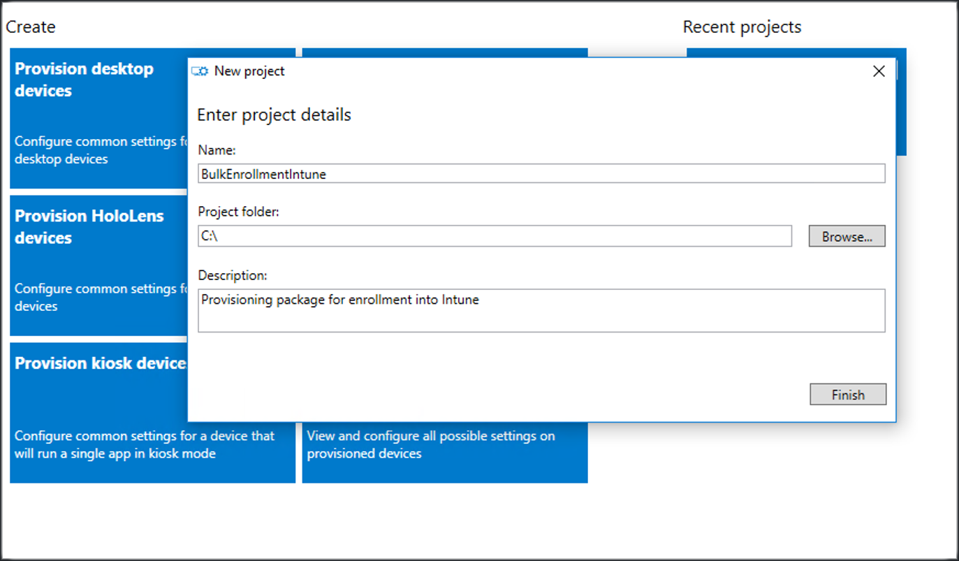 Screenshot of specifying name, project folder, and description in the Windows Configuration Designer app