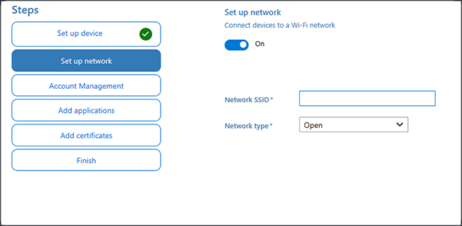 Screenshot of enabling Wi-Fi including Network SSID and Network type options in the Windows Configuration Designer app