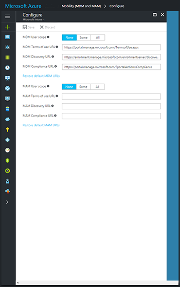 Screenshot shows the Azure portal, where you can configure M D M User scope.