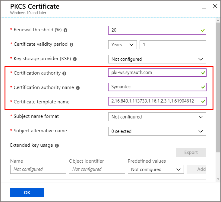PKCS certificate profile with CA and certificate template selections configured for DigiCert