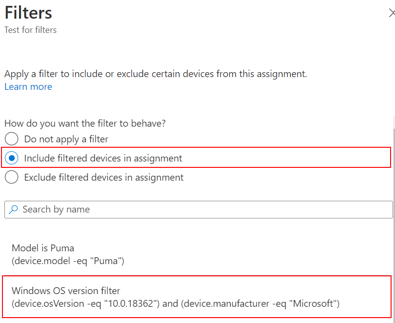 Screenshot that shows how to include the assignment filter when assigning a policy in Microsoft Intune.