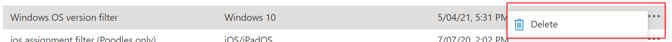 Screenshot that shows how to delete an assignment filter in Microsoft Intune.