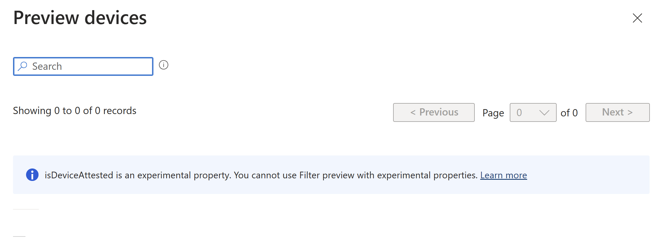 Screenshot that shows cannot use filter preview message when clicking Preview devices with a preview property in assignment filter rule syntax in Microsoft Intune.