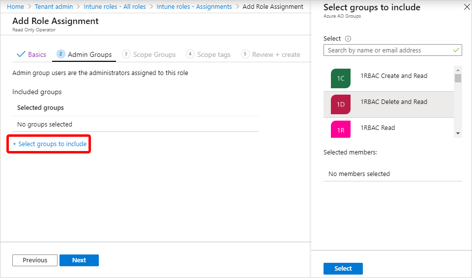 Screenshot of select member groups.