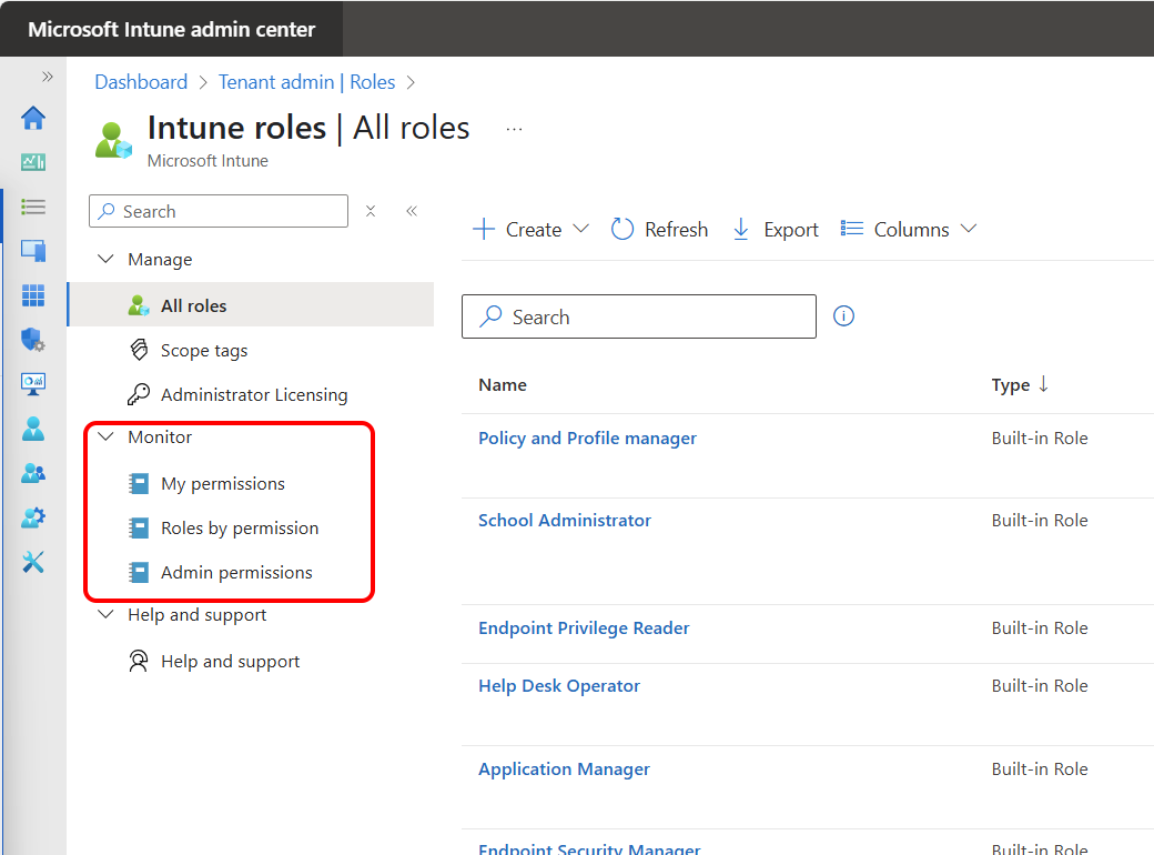 A screen capture of the options for monitoring RBAC from within the Intune admin center.