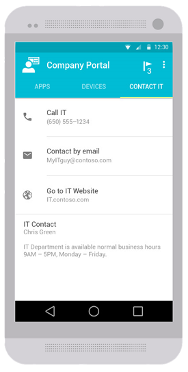 Screenshot of Company Portal app for Android showing an updated version of the Contact IT tab. The tab shows available contact information for IT, including phone number, email address, IT website, and IT contact information.