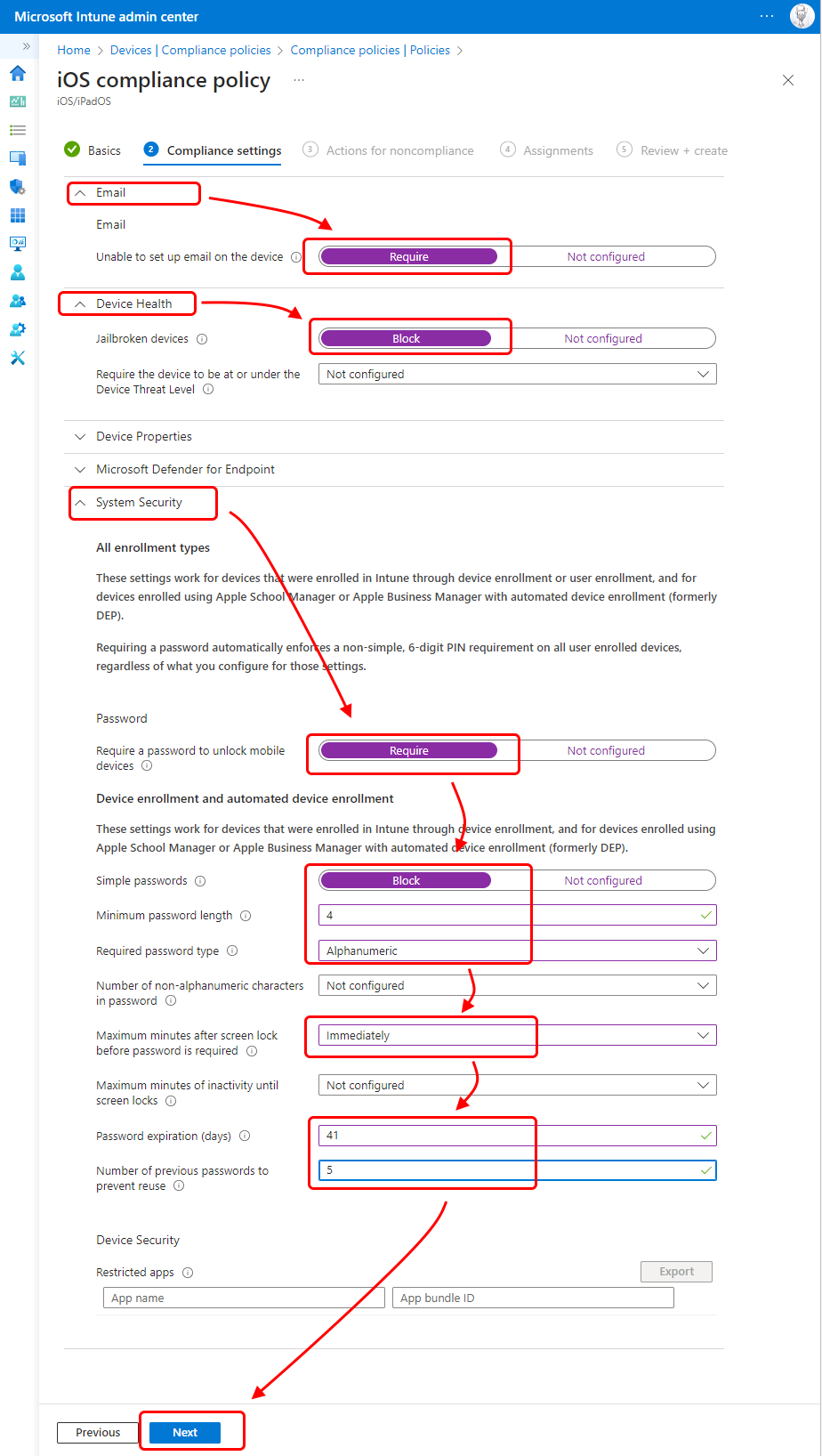 Configuration of the iOS compliance policy.