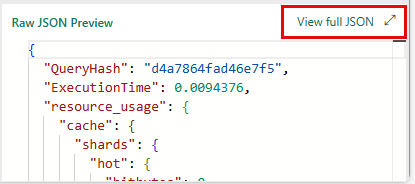 Screenshot of sample query results with the Raw JSAON preview area highlighted.