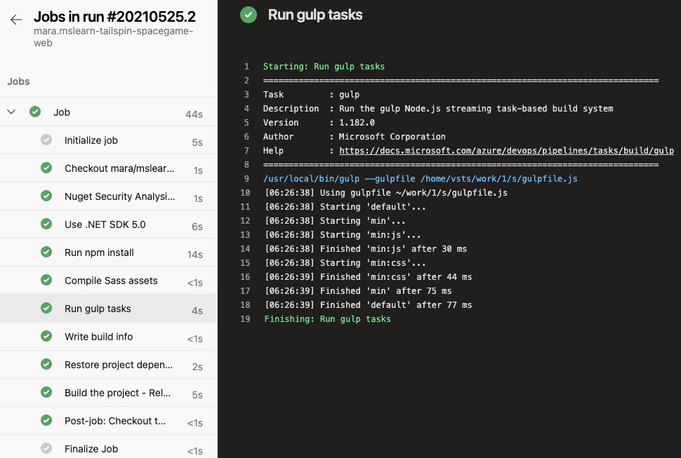 Screenshot of Azure Pipelines showing the complete list of build tasks. The Run gulp task is selected.