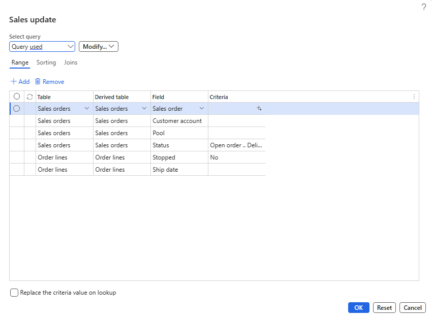 Screenshot of the Sales update advanced query.