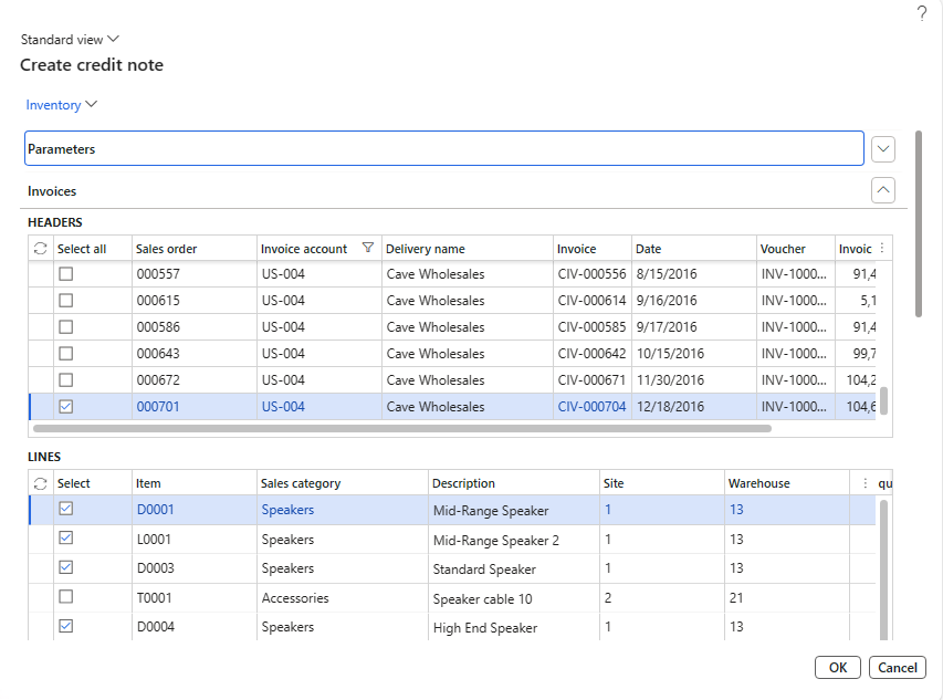 Screenshot of the Create credit note page, showing the selection of lines.