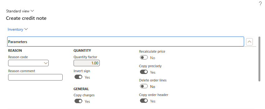 Screenshot of the Create credit note page.
