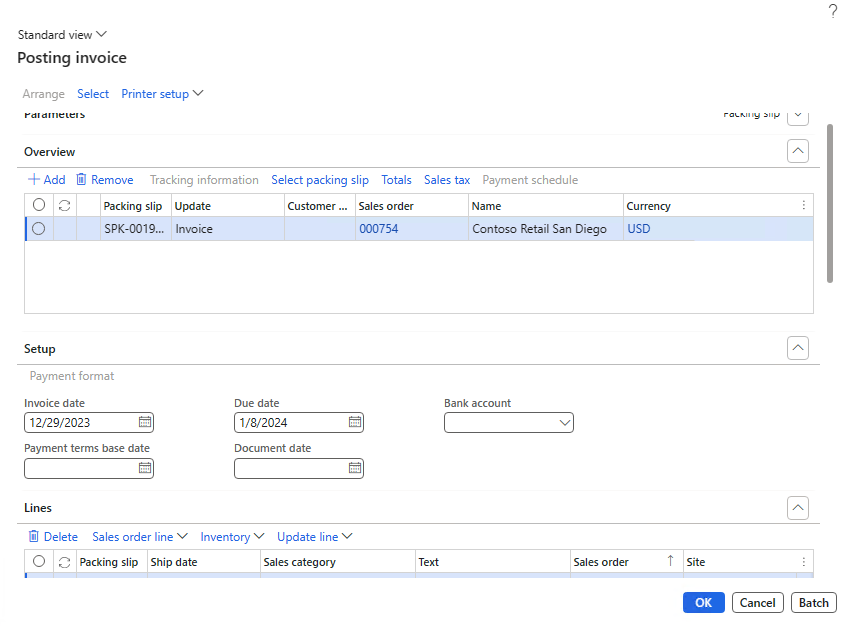 Screenshot of the Posting invoice page.