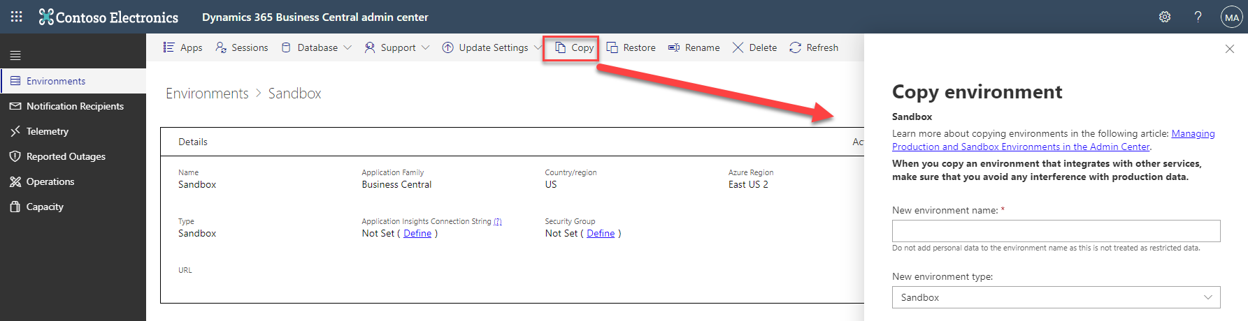 Screenshot showing how to copy an environment.