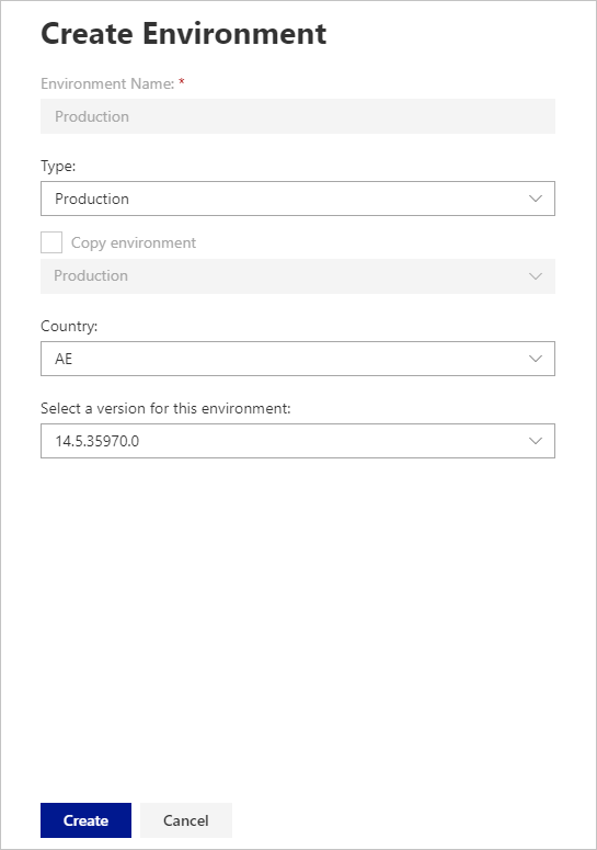 Screenshot of the Create Environment window showing how to create a new Production environment.