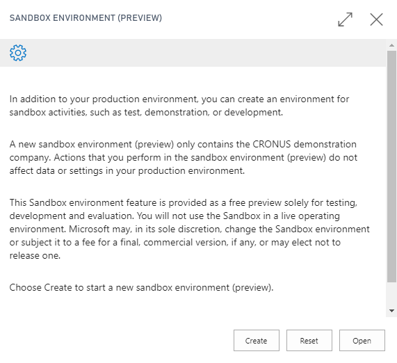 Screenshot showing information provided about creating a sandbox.