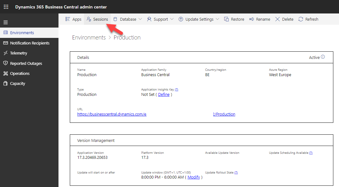 Screenshot showing the sessions tab in the admin center.