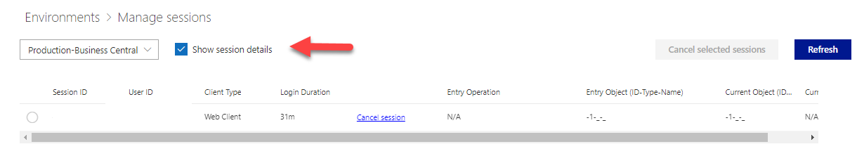 Screenshot of the Show session details option selected.