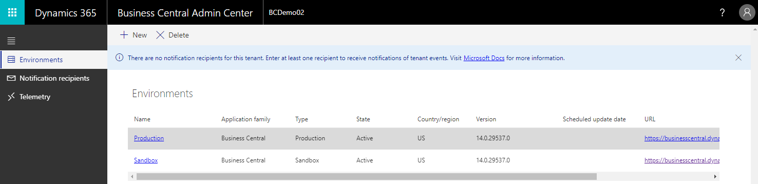 Screenshot of where to set updates to an environment.