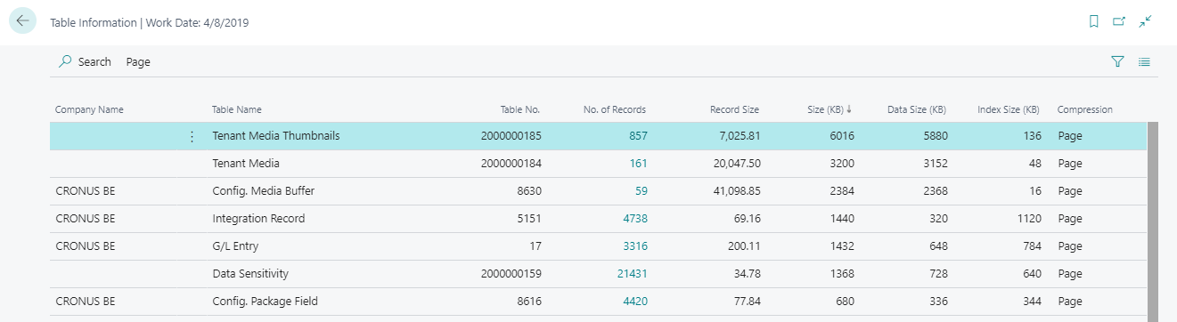 Screenshot of the Table Information page.