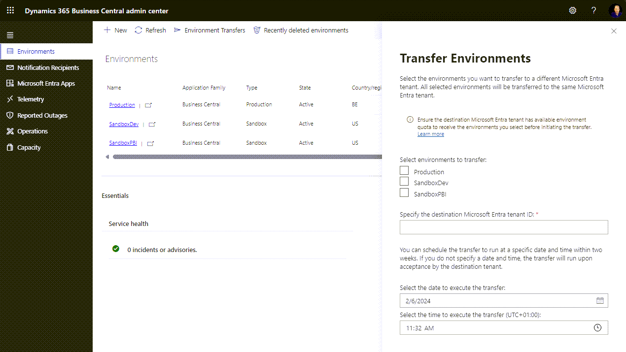 Screenshot of the Environments page with the Transfer Environments dialog open.