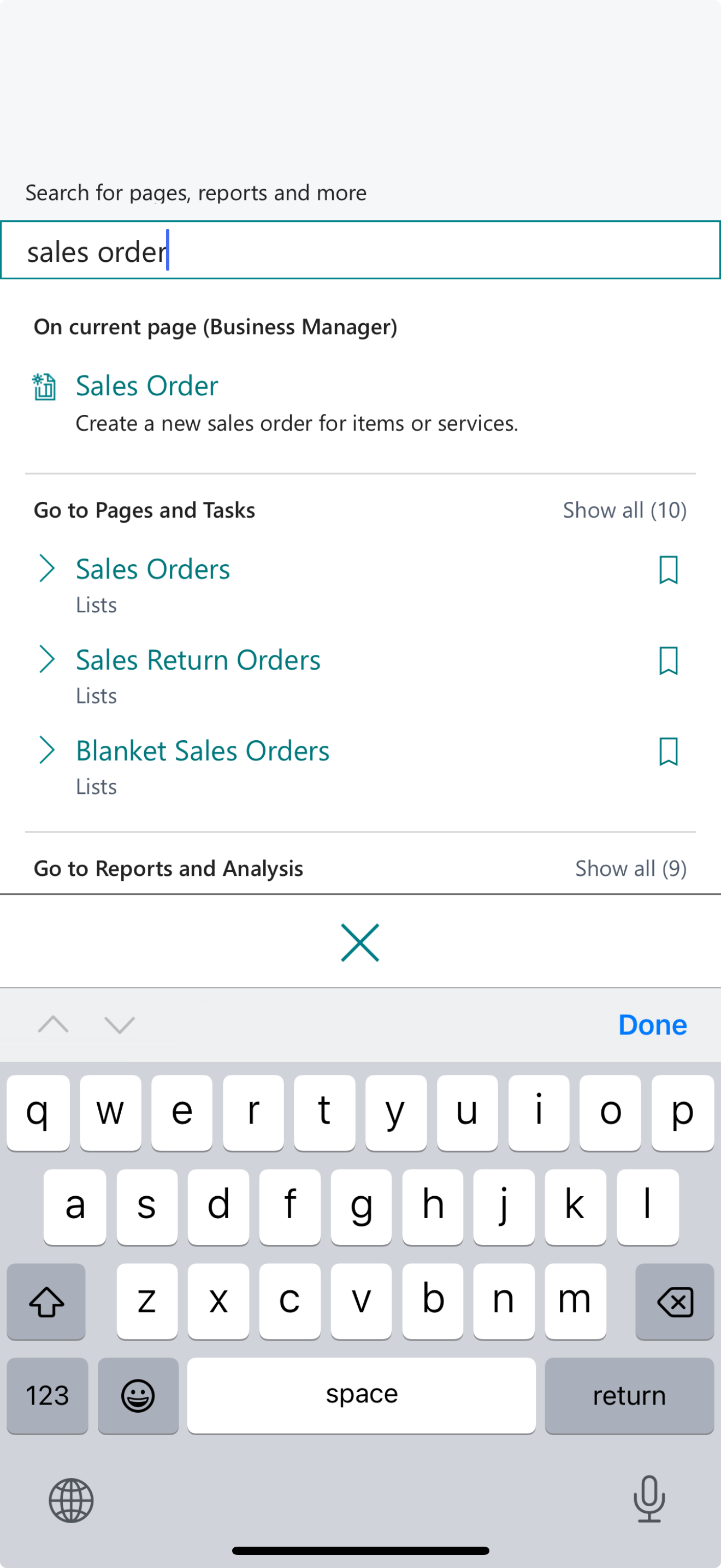 Screenshot of Business Central search options on a mobile device.